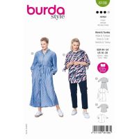 Strih Burda 6108 - Košeľové šaty, košele bez goliera pre plnoštíhle