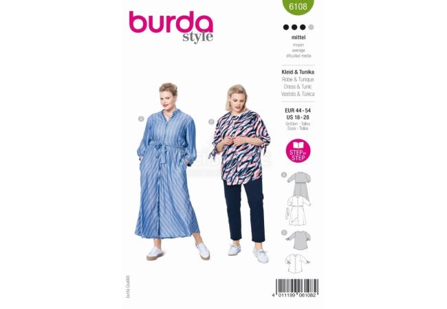 Strih Burda 6108 - Košeľové šaty, košele bez goliera pre plnoštíhle