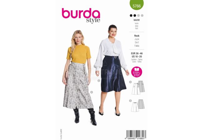 Strih Burda 5766 - Zavinovacie sukne, midi sukne, flanelová sukňa, taftová sukňa