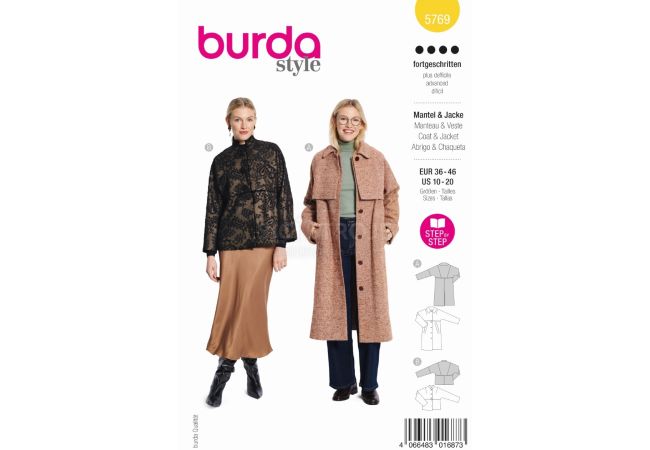 Strih Burda 5769 - Dlhý kabát, trenčkot, krátky kabát