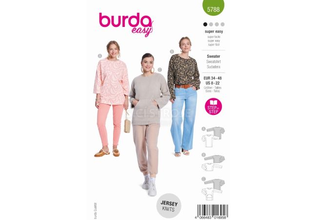 Strih Burda 5788 - Voľná ??mikina, dlhá mikina, krátka mikina