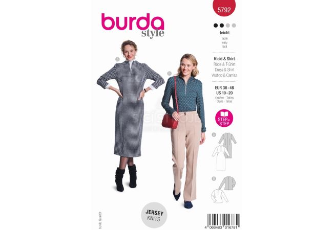 Strih Burda 5792 - Šaty so stojačikom, džersejové šaty na zips, košele na zips