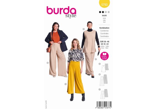 Strih Burda 5793 - Top bez rukávov, tunika, voľné nohavice so skladmi