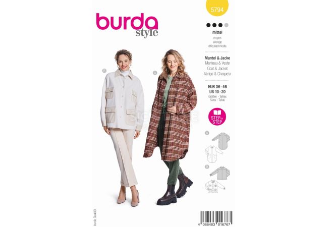 Strih Burda 5794 - Rovný kabát, prechodný kabát, bunda s vreckami